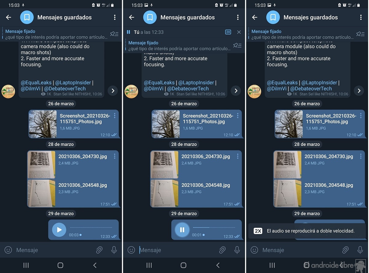 Telegram reproducir mensajes doble velocidad