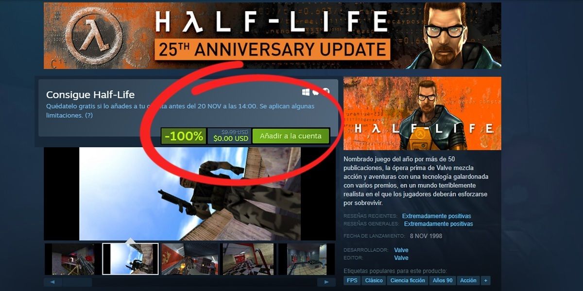 asi puedes descargar gratis Half Life desde Steam por su 25 aniversario